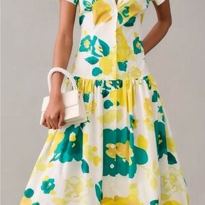 Anthropologie$188 Dress Xs 2026 Yellow Mod 50’s Drop Waist 100% Cotton pockets